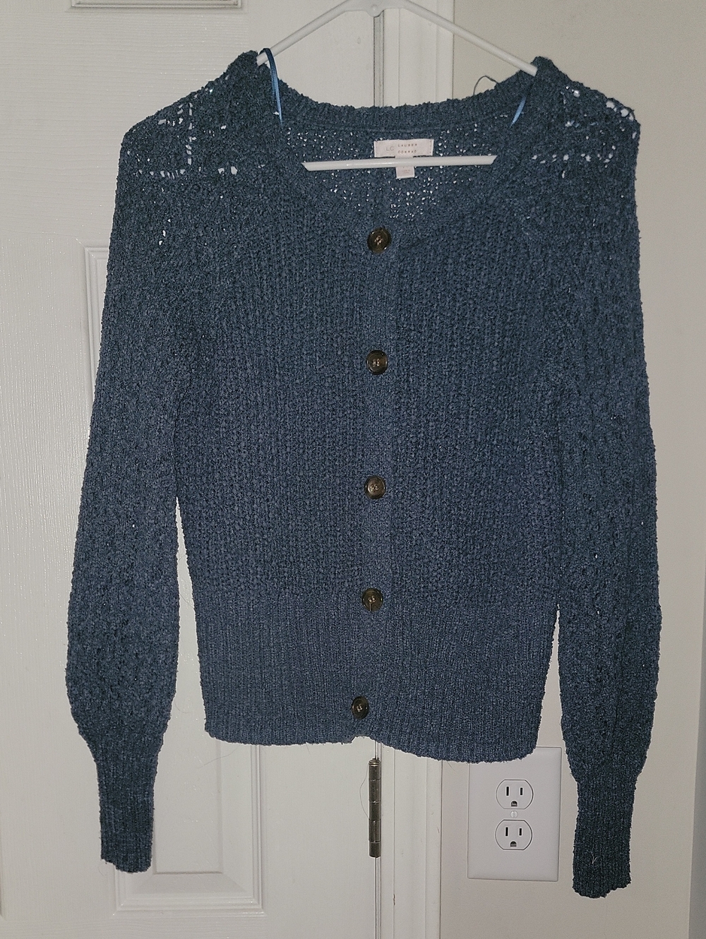 LC Lauren Conrad Navy Button-Front Crochet Yoke Cardigan